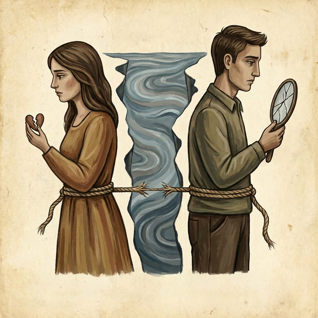 Man and woman back-to-back with a fraying rope and text reading "THE DISTANCE BETWEEN US".