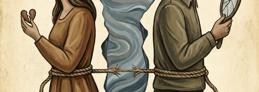 Man and woman back-to-back with a fraying rope and text reading "THE DISTANCE BETWEEN US".