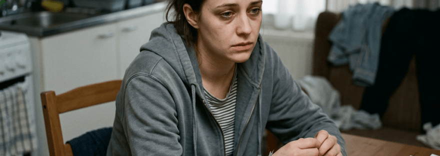 Worried woman sitting at a kitchen table with phone and papers